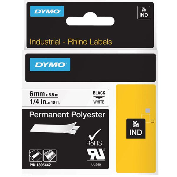 Dymo 1805442 Rhino-Polyesterband 6mmx5,5 Meter schwarz auf weiß