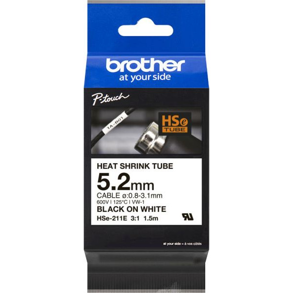 Brother HSe-211E Schrumpfschlauchkassette weiß schwarz 5,2mm 1,5 Meter