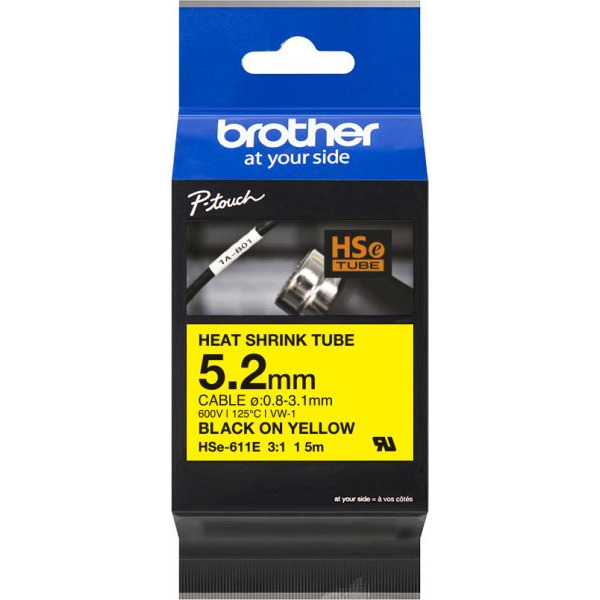 Brother HSe-611E Schrumpfschlauchkassette ge schwarz,5,2mm 1,5 Meter