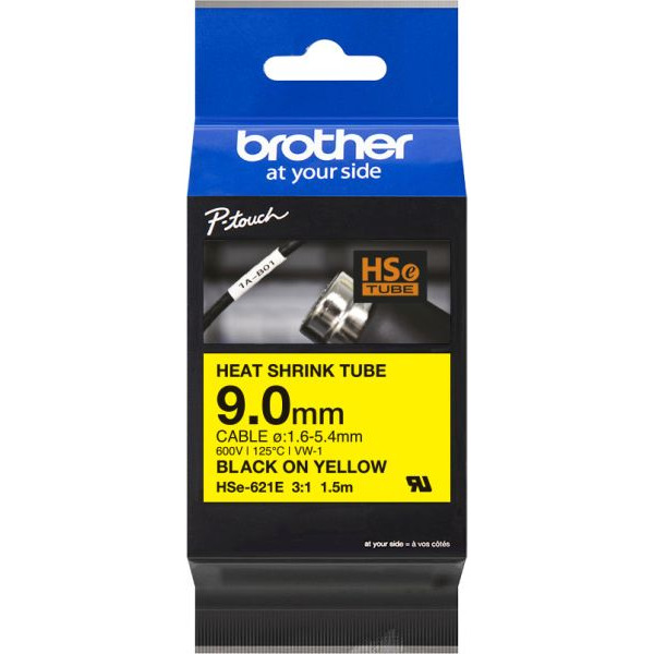 Brother HSe-621E Schrumpfschlauchkassette ge schwarz 9,0mm 1,5 Meter