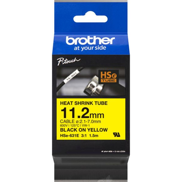 Brother HSe-631E Schrumpfschlauchkassette ge schwarz 11,2mm 1,5 Meter