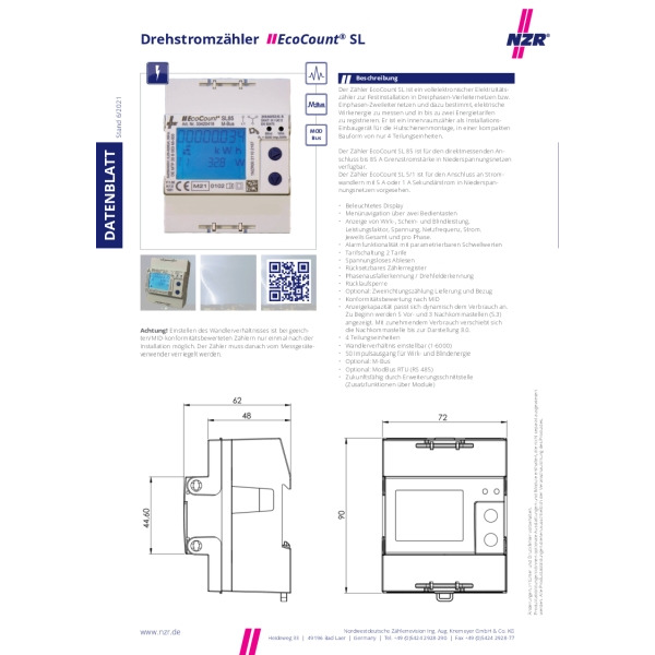 NZR EcoCount SL 33420218 Elektr.Hutschienenzähler 85A S0 MID